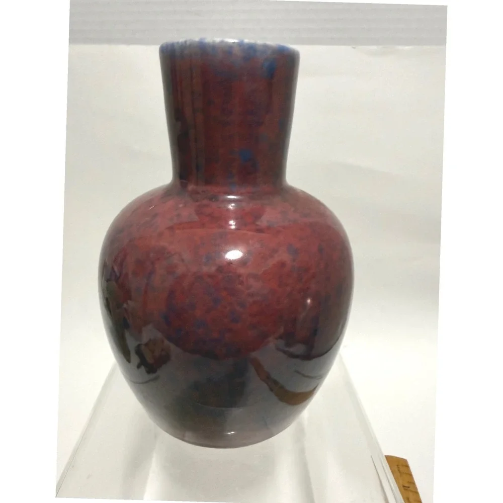 Vintage Studio Pottery Vase Oxblood Red Blue Mottled Glaze Bulbous Pottery MCM